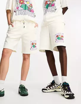 Свободные шорты унисекс кремового цвета с графическим принтом в виде улиток Crooked Tongues