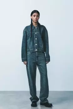 Свободные суженные джинсы oversize с высокой талией и отделкой стразами ZARA, синий