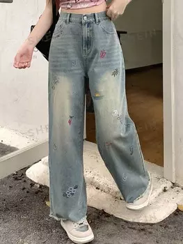 Свободные женские джинсы из денима прямого кроя с принтом вишни и карманами с необработанными краями Dazy, светло-голубой