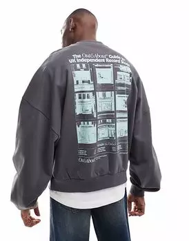 Свободный джемпер ASOS DESIGN с принтом магазина пластинок, серый