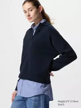 Свободный джемпер-поло из гладкого хлопка Uniqlo, цвет 69 синий