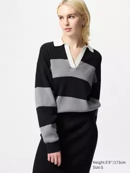 Свободный джемпер-поло из гладкого хлопка в полоску Uniqlo, цвет 09 черный