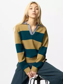 Свободный джемпер-поло из гладкого хлопка в полоску Uniqlo, цвет 46 желтый