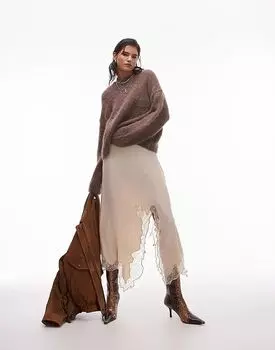 Свободный джемпер с круглым вырезом из высококачественной альпаки шоколадного цвета Topshop