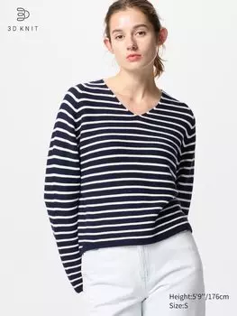 Свободный джемпер с v-образным вырезом из хлопка в полоску Uniqlo, цвет 69 синий