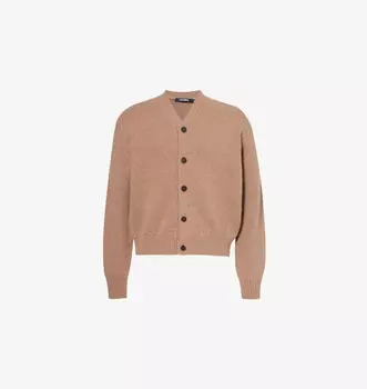 Свободный кардиган из шерстяной смеси с фирменным принтом и V-образным вырезом Jacquemus, коричневый