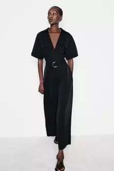 Свободный комбинезон с поясом ZARA, черный