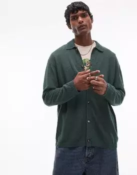 Свободный крой, трикотажная фактурная рубашка с пуговицами зеленого цвета Topman