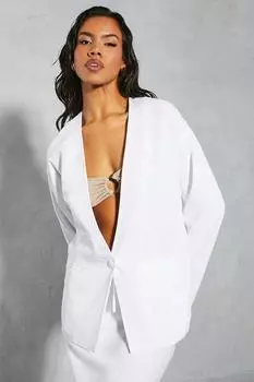 Свободный льняной блейзер без воротника MISSPAP, белый