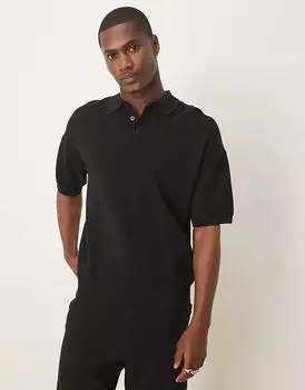 Свободный легкий трикотажный поло из хлопкового пике черного цвета ASOS DESIGN