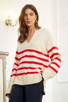 Свободный полосатый свитер с V-образным вырезом Love & Roses, белый