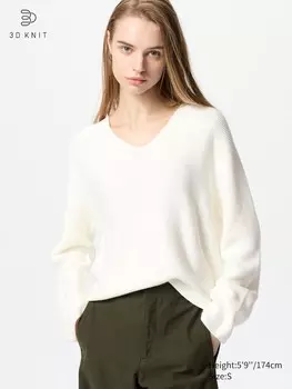 Свободный свитер из хлопка 3D с V-образным вырезом Uniqlo, цвет 01 белый