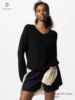 Свободный свитер из хлопка 3D с V-образным вырезом Uniqlo, цвет 09 черный