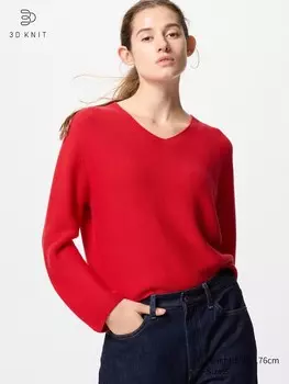 Свободный свитер из хлопка 3D с V-образным вырезом Uniqlo, цвет 15 красный