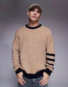 Свободный свитер из текстурированной вязки ASOS DESIGN бежевого цвета с полосками на рукавах и круглым вырезом
