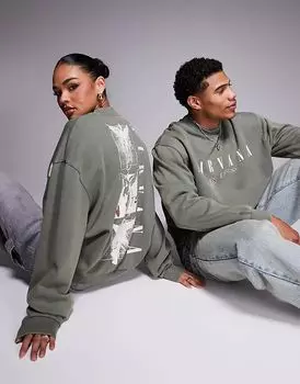 Свободный свитшот унисекс oversize с принтом Nirvana цвета стираного хаки ASOS DESIGN
