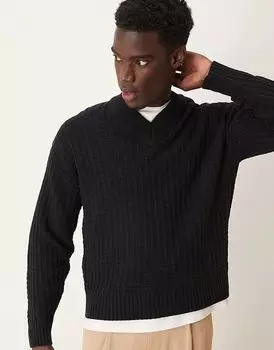 Свободный свободный джемпер с вафельной вязкой и V-образным вырезом темно-синего цвета ASOS DESIGN