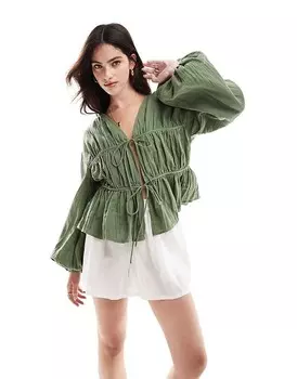 Свободный топ цвета хаки с длинными рукавами и завязками ASOS DESIGN