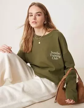 Свободный топ с длинными рукавами и принтом Sunday Training Club Puff в оливковом цвете ASOS DESIGN