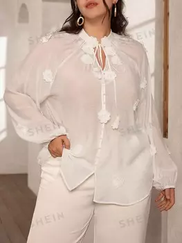 Свободный топ с длинными рукавами Rosie Большой цветочный узор, прозрачная ткань, с пуговицами на шее. для дам Shein, белый