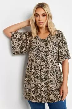 Свободный топ с рукавами ангела и цветочным плиссированием Yours, черный