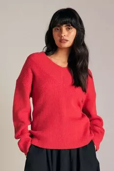 Свободный трикотажный джемпер с V образным вырезом в рубчик Next, красный