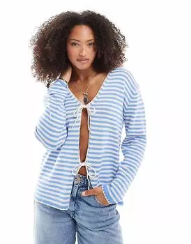 Свободный трикотажный кардиган ASOS DESIGN с V-образным вырезом и завязками спереди в синюю полоску
