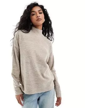 Свободный трикотажный топ с высоким воротом бежевого меланжа Vero Moda