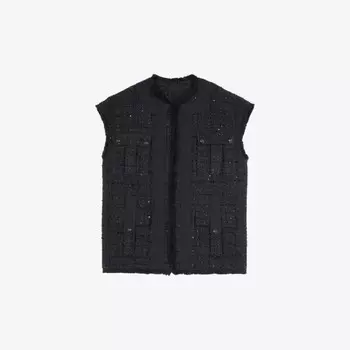 Свободный твидовый жакет без рукавов с накладными карманами The Kooples, черный