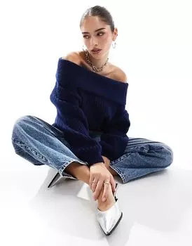 Свободный вязаный джемпер с открытыми плечами темно-синего цвета ASOS DESIGN