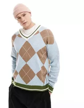 Свободный вязаный джемпер с сине-коричневым узором ASOS DESIGN