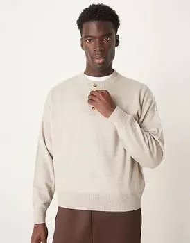 Свободный вязаный джемпер свободного кроя с воротником-хенли в каменном цвете ASOS DESIGN