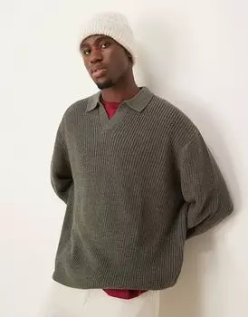 Свободный вязаный джемпер в стиле рыбацкой вязки с вырезом на горловине в угольно-сером меланжевом цвете ASOS DESIGN