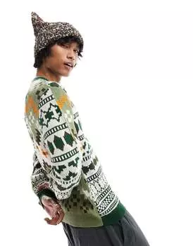 Свободный вязаный джемпер зеленого цвета с узором ASOS