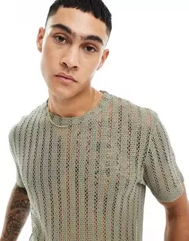 Связанная крючком футболка цвета хаки ASOS