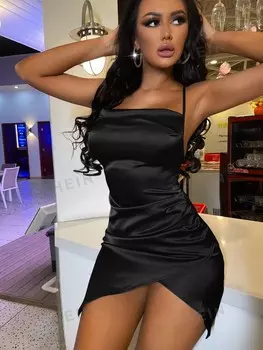 SXY Атласное платье, открытая спина, крест-накрест, воротник-стойка, низ в форме тюльпана Shein, черный