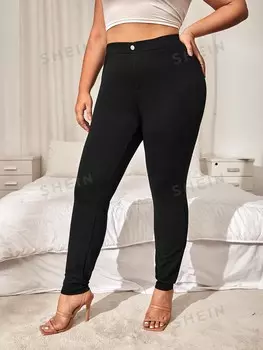 SXY Брюки больших размеров, высокая талия, однотонные, скинни Shein, черный