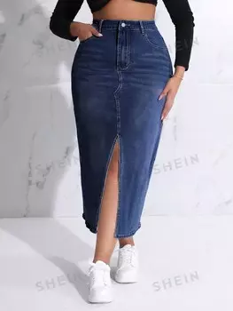 SXY Джинсовая юбка приталенного кроя больших размеров с поясом на пуговицах и разрезами и карманами Повседневная и модная одежда для повседневной носки Shein, тёмно-синий