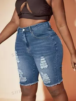SXY Plus Джинсовые шорты-бермуды, завышенная талия, рваные, потертые концы Shein, синий