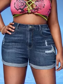 SXY Plus Джинсовые шорты Брюки со сложенными штанинами, завышенной талией, рваные Shein, тёмно-синий