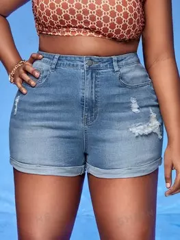 SXY Plus Джинсовые шорты, подвернутые, рваные края Shein, светло-голубой