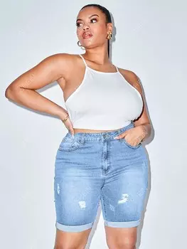 SXY Plus Джинсовые шорты с завышенной талией, рваные, подвернутые брючины Shein, синий