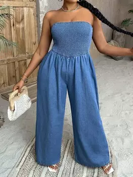 SXY Plus Комбинезон Sherrade/Smock, без бретелек, широкие штаны, джинсовая ткань Shein, синий