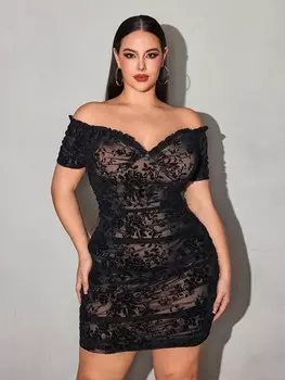 SXY Плюс Размер Элегантное и сексуальное платье с v-образным вырезом и кружевом с рюшами по подолу Shein, черный