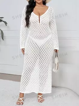 SXY Размера плюс, летние каникулы, Однотонное Длинное платье-свитер с вырезами, прозрачное трикотажное платье с открытой спиной Shein, белый