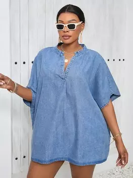 SXY Сексуальная свободная джинсовая рубашка больших размеров с рукавами с открытыми плечами, синяя Shein, светло-голубой