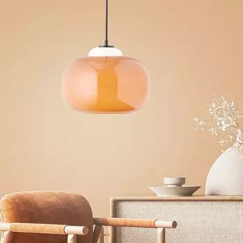 [T] BRILLIANT подвесной светильник в стиле ретро с регулируемой яркостью и оранжевым стеклянным абажуром | Элегантный подвесной светильник с регулируемой высотой и укорачиваемым кабелем. макс. высота 1,29 м и диаметр 30 см | Розетка E27 макс. 60 Вт | Сте