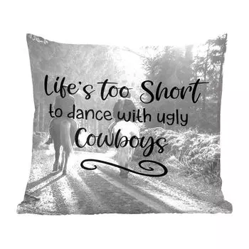 [T] Декоративная подушка MuchoWow, подушка для дивана, декоративная подушка для гостиной, 60 x 60 см, цитата лошади «Жизнь слишком коротка, чтобы танцевать с уродливыми ковбоями», две лошади и всадники - черно-белые - чехол на подушку - хлопчато...
