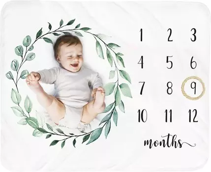 [T] Детское ежемесячное одеяло для мальчика - одеяло для новорожденного месяца, унисекс, нейтральный, персонализированный подарок для душа, лист, декор для детской комнаты, реквизит для фотосъемки с деревянным венком, большой 51 x 40 дюймов Teba...