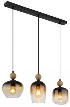 [T] Globo Lighting подвесной светильник металлический черный матовый, металл под темное дерево, стекло дымчатое, янтарный, прозрачный, кабель ПВХ черный, высоту можно укоротить, ДхШхВ: 720х180х1200мм, диаметр стекла: 1 х 15 см, 16 см, 18 см кажд...
